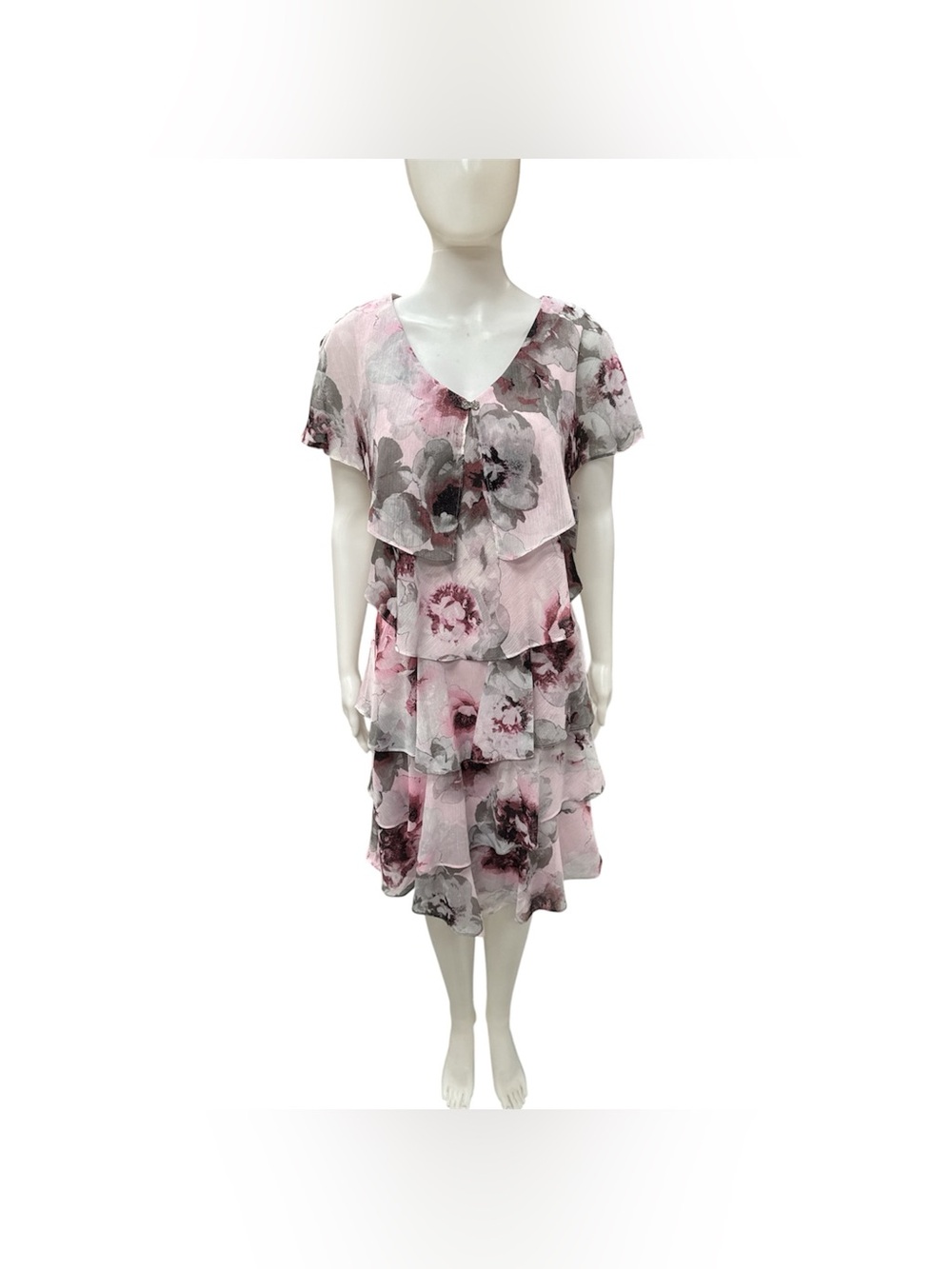 SLNY NWT Pink and Gray Floral Tiered Ruffle Dress Size M